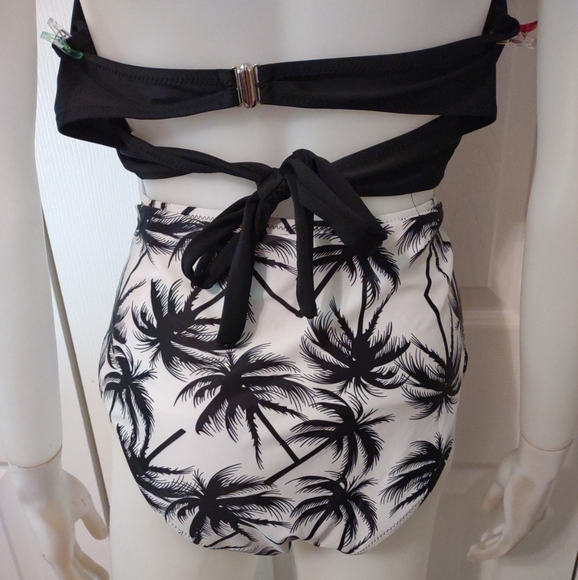 Tempt Me 2 Pc Halter Ruched High Waist Bikini Bottom White & Blk Palm trees 2 XL - Picture 8 of 10